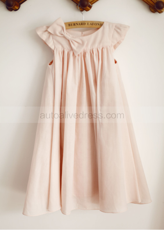 Cap Sleeves Blush Pink Cotton Slit Back Flower Girl Dress